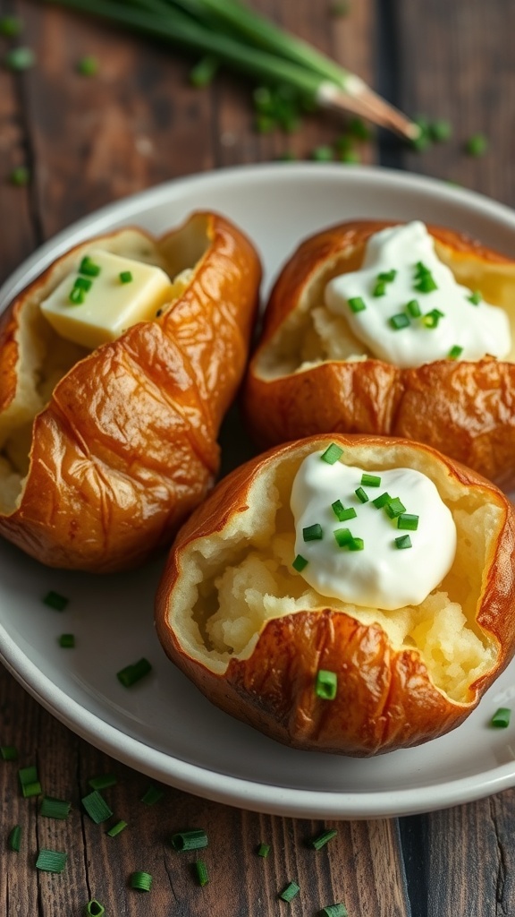 Baked potatoes with crispy skin, topped with butter and chives on a wooden table.